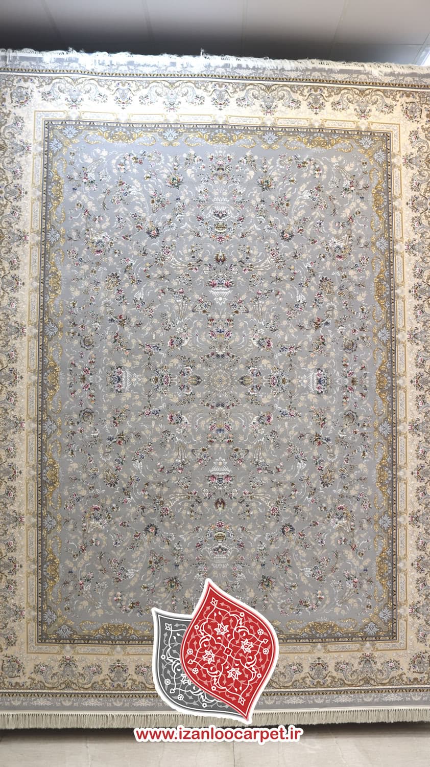 فرش مشهد طرح 814008 طوسی حاشیه کرم 1500 شانه تراکم 4500 گل برجسته تمام آکریلیک