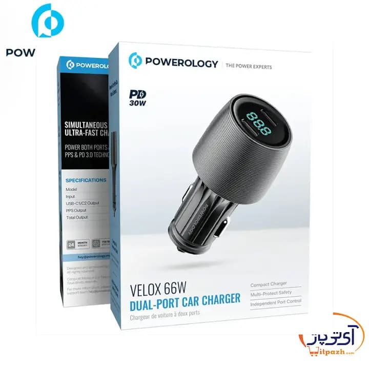 شارژر فندکی VELOX پاورولوژی A+C PORT WITH C TO C CABLE توان 66W — تصویر ۴