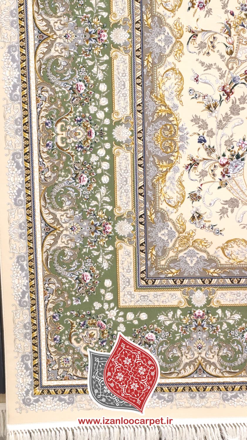 فرش مشهد طرح 814008 کرم حاشیه سبز 1500شانه تراکم 4500 تمام برجسته تمام آکریلیک — تصویر ۱۱