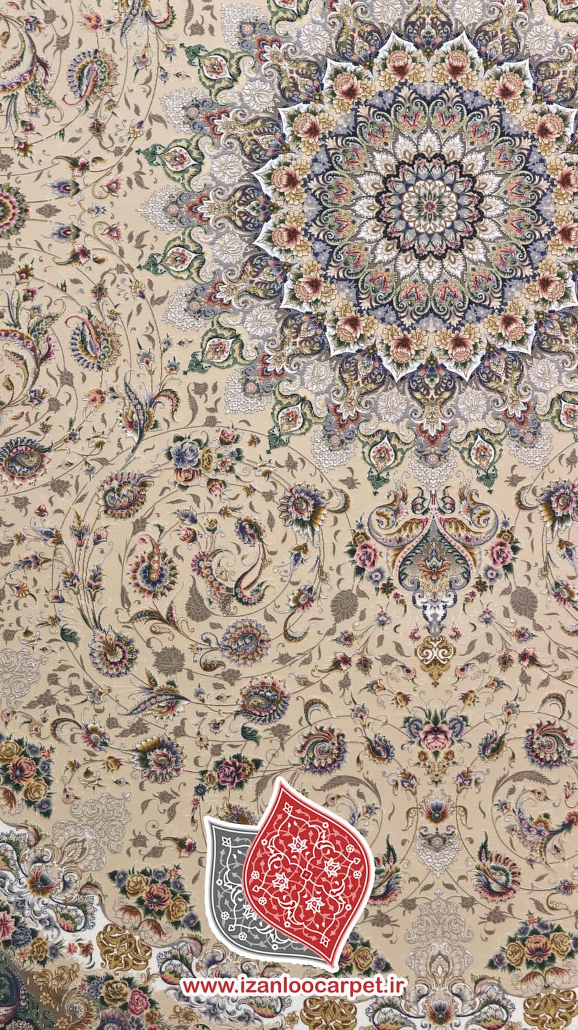 فرش مشهد طرح 814007 کرم حاشیه کاربنی 1500شانه تراکم 4500 تمام برجسته تمام آکریلیک — تصویر ۳