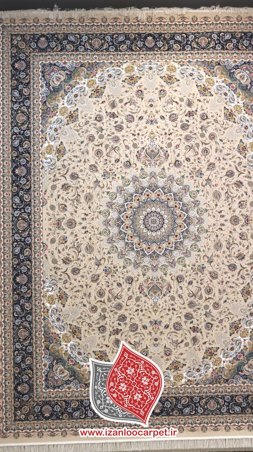 فرش مشهد طرح 814007 کرم حاشیه کاربنی 1500شانه تراکم 4500 تمام برجسته تمام آکریلیک