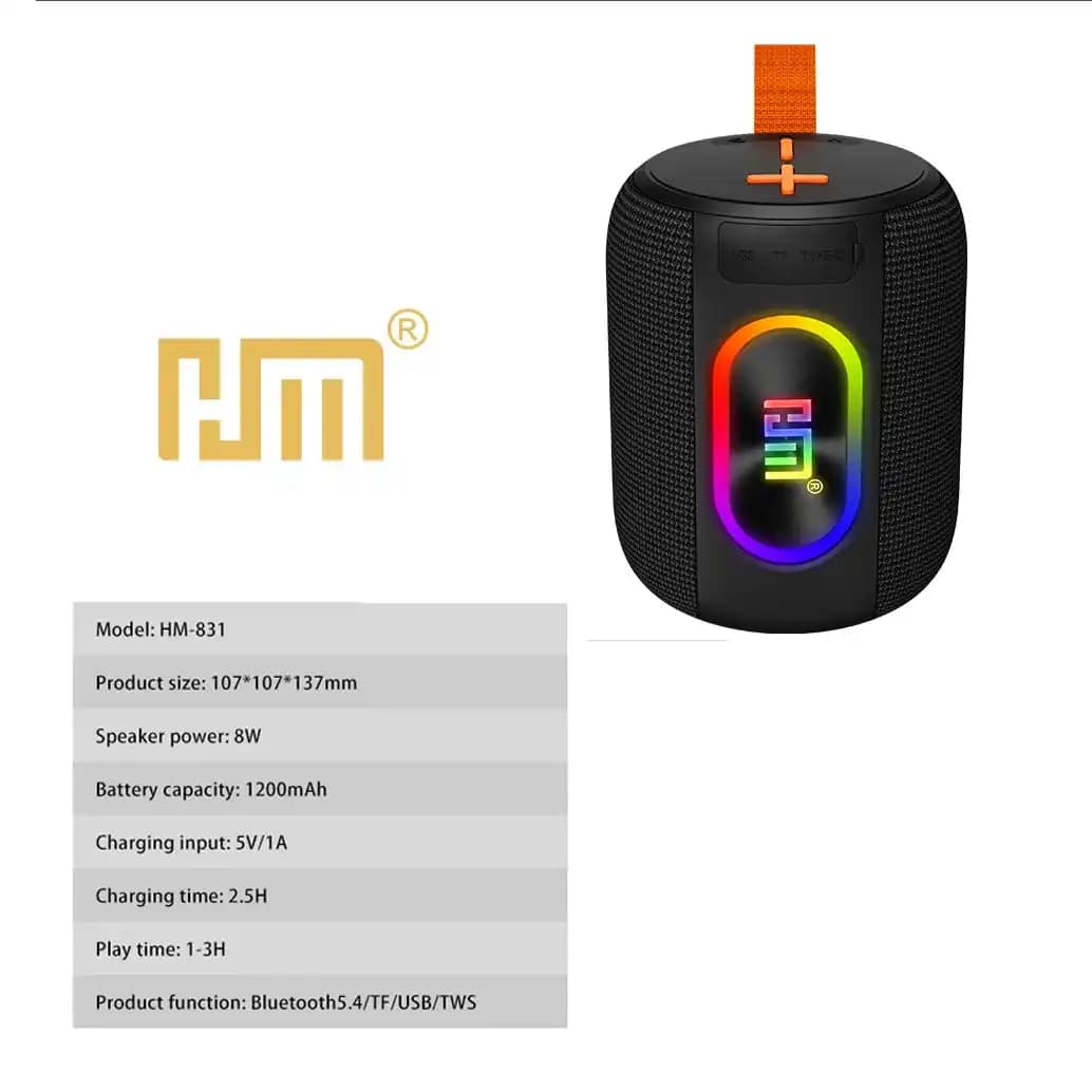 خرید اسپیکر بلوتوثی HM831 | بیس قوی، نورپردازی RGB، ضد آب IPX6 و باتری پرقدرت — تصویر ۷