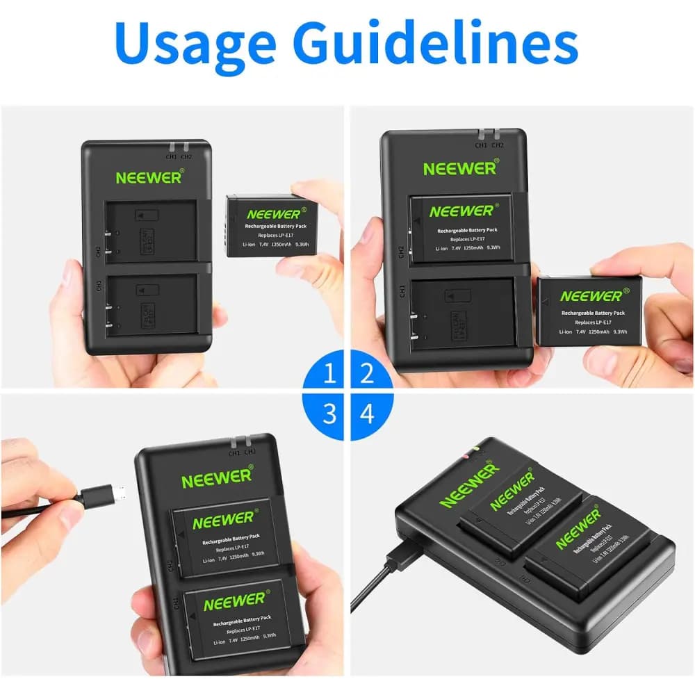 شارژر و باتری دوربین نیور NEEWER LP-E17 2 PCS 1250 MAHLP-E17 BATTERY+ DUAL USB CHARGER — تصویر ۴