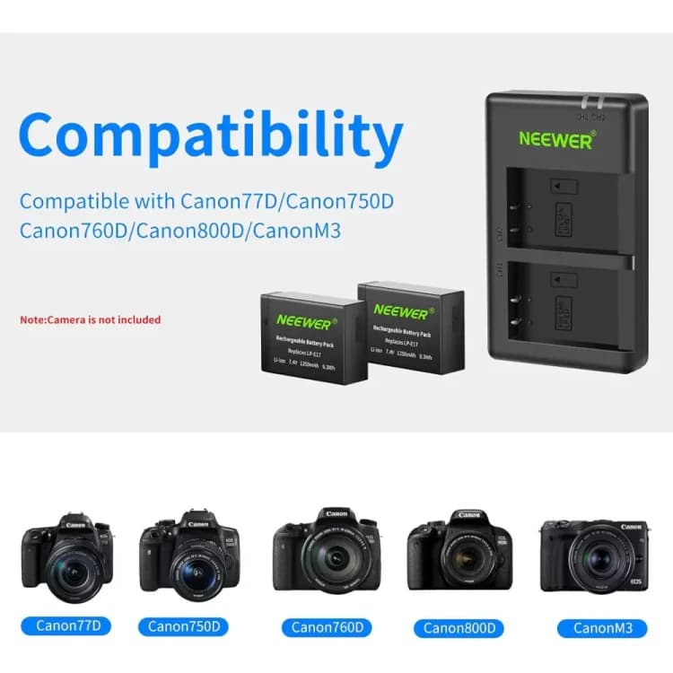 شارژر و باتری دوربین نیور NEEWER LP-E17 2 PCS 1250 MAHLP-E17 BATTERY+ DUAL USB CHARGER — تصویر ۶