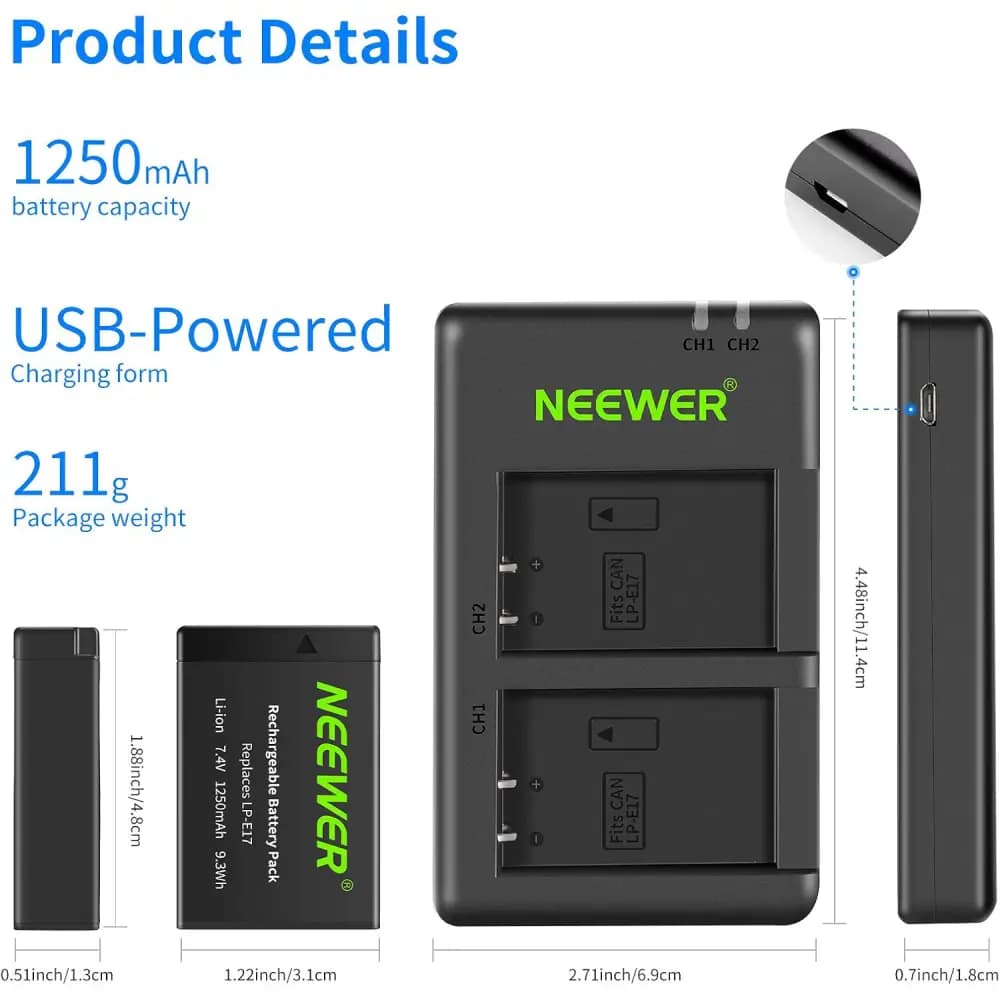 شارژر و باتری دوربین نیور NEEWER LP-E17 2 PCS 1250 MAHLP-E17 BATTERY+ DUAL USB CHARGER — تصویر ۵