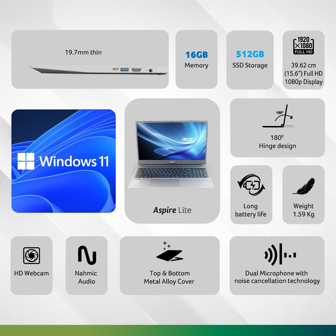 لپ تاپ ایسر ASPIRE LITE 15 ACER R5 7430U-16GB-512GB-INTEL-15.6″ FHD IPS – RGB — تصویر ۳