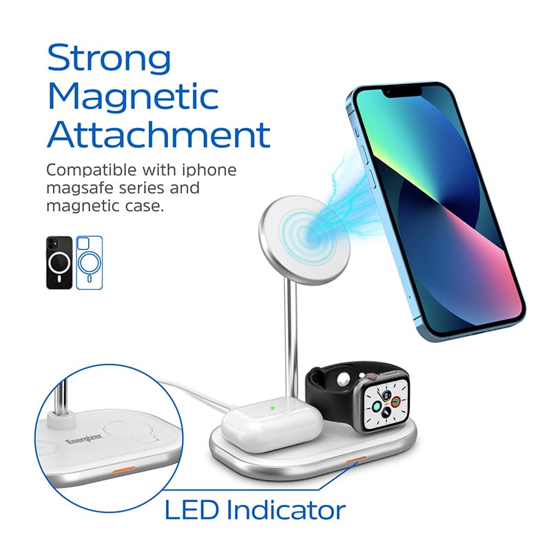 استند شارژر وایرلس مگ سیف 3 کاره انرجایزر مدل WCP303 توان 15 وات به همراه کابل USB-C — تصویر ۸