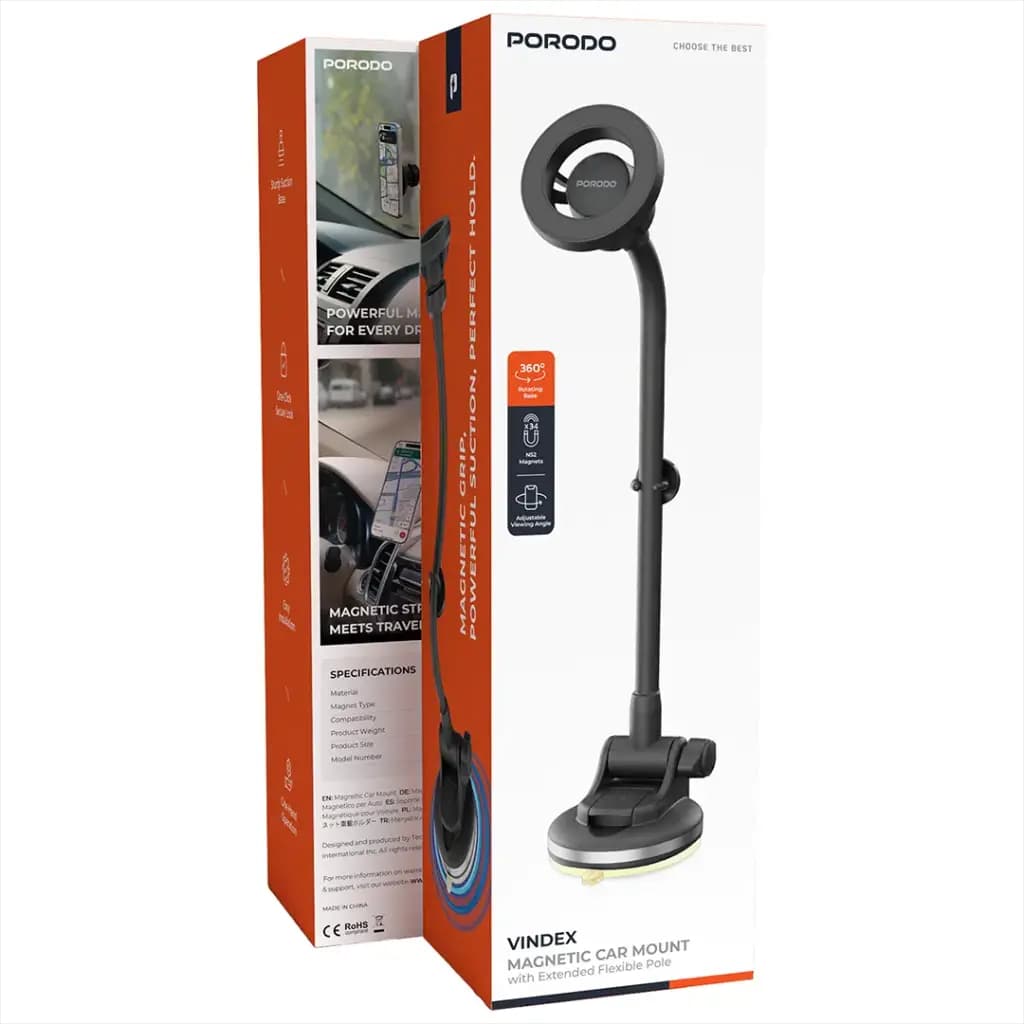 پایه نگهداری و هولدر مغناطیسی گوشی داخل خودرو پرودو مدل Porodo Vindex Magnetic Car Mount with Extended Flexible Pole – Black — تصویر ۱۲