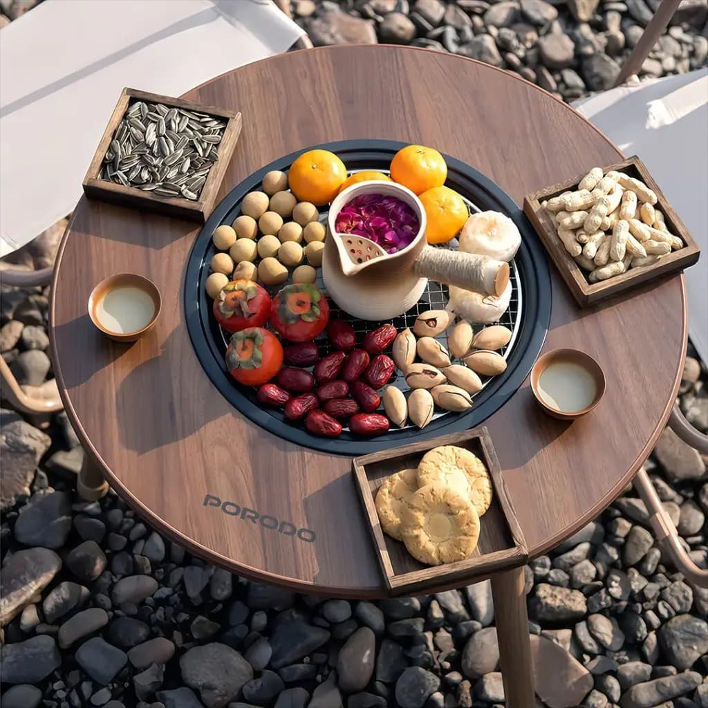 میز کمپینگ و میز گریل گرد سفری پایه سه پایه‌ای پرودو مدل Porodo Lifestyle Tripod Base Outdoor Round Grill Table – Brown — تصویر ۹