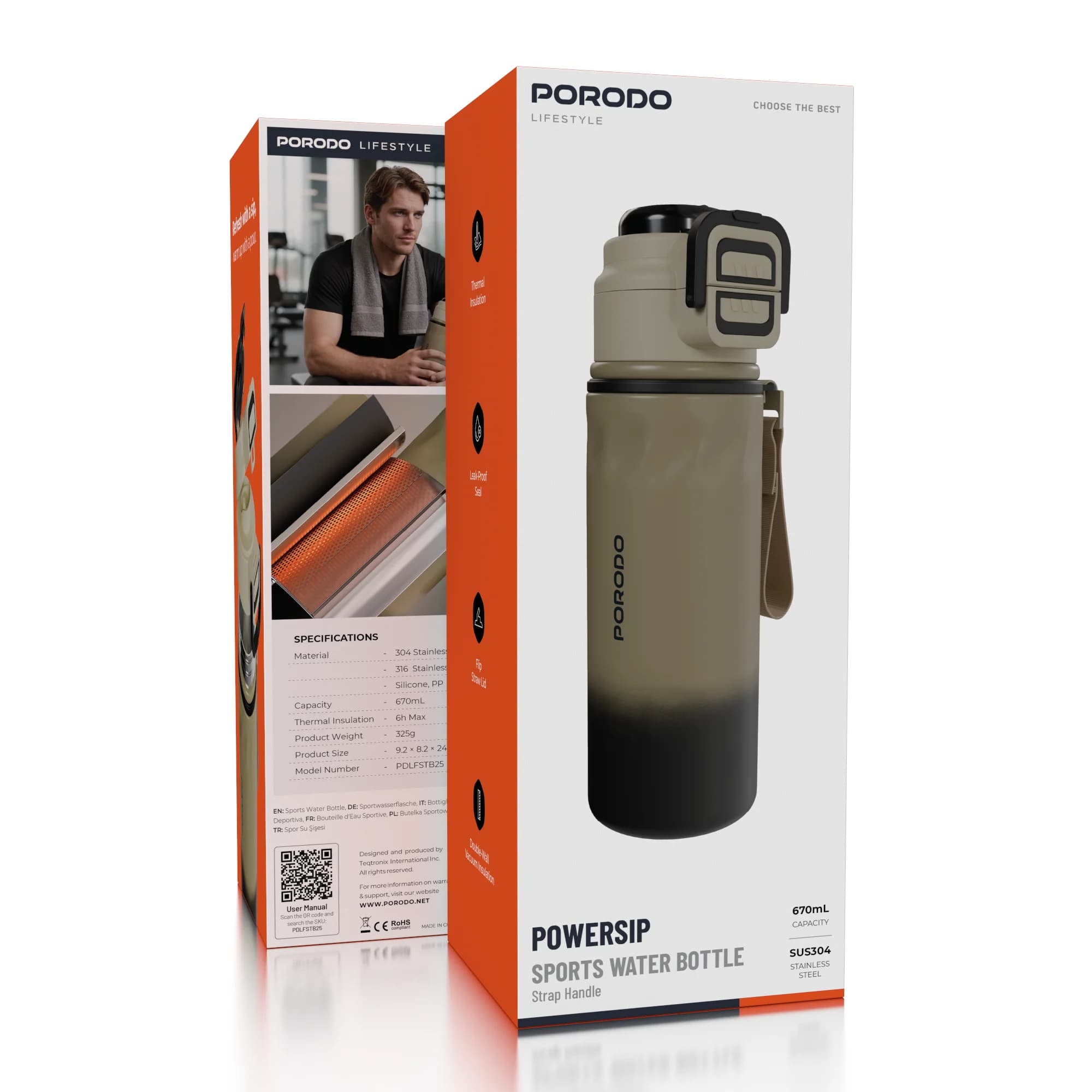قمقمه ورزشی و بطری آب پرودو مدل Porodo Lifestyle PowerSip Sports Water Bottle 670ml – Beige — تصویر ۴