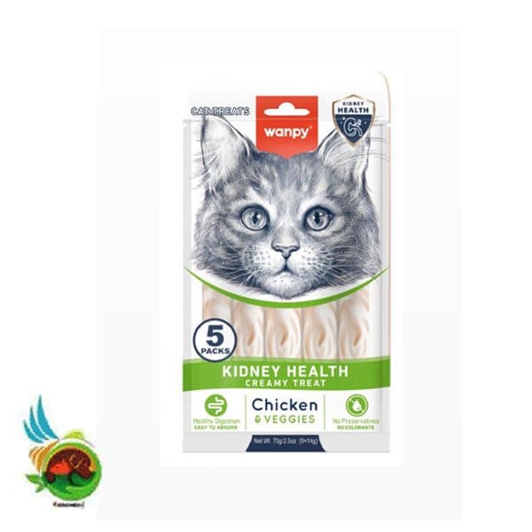 بستنی درمانی گربه ونپی مخصوص مشکلات کلیوی با طعم مرغ و سبزیجات Wanpy kidney health creamy treat chicken &amp; veggies بسته 5 عددی