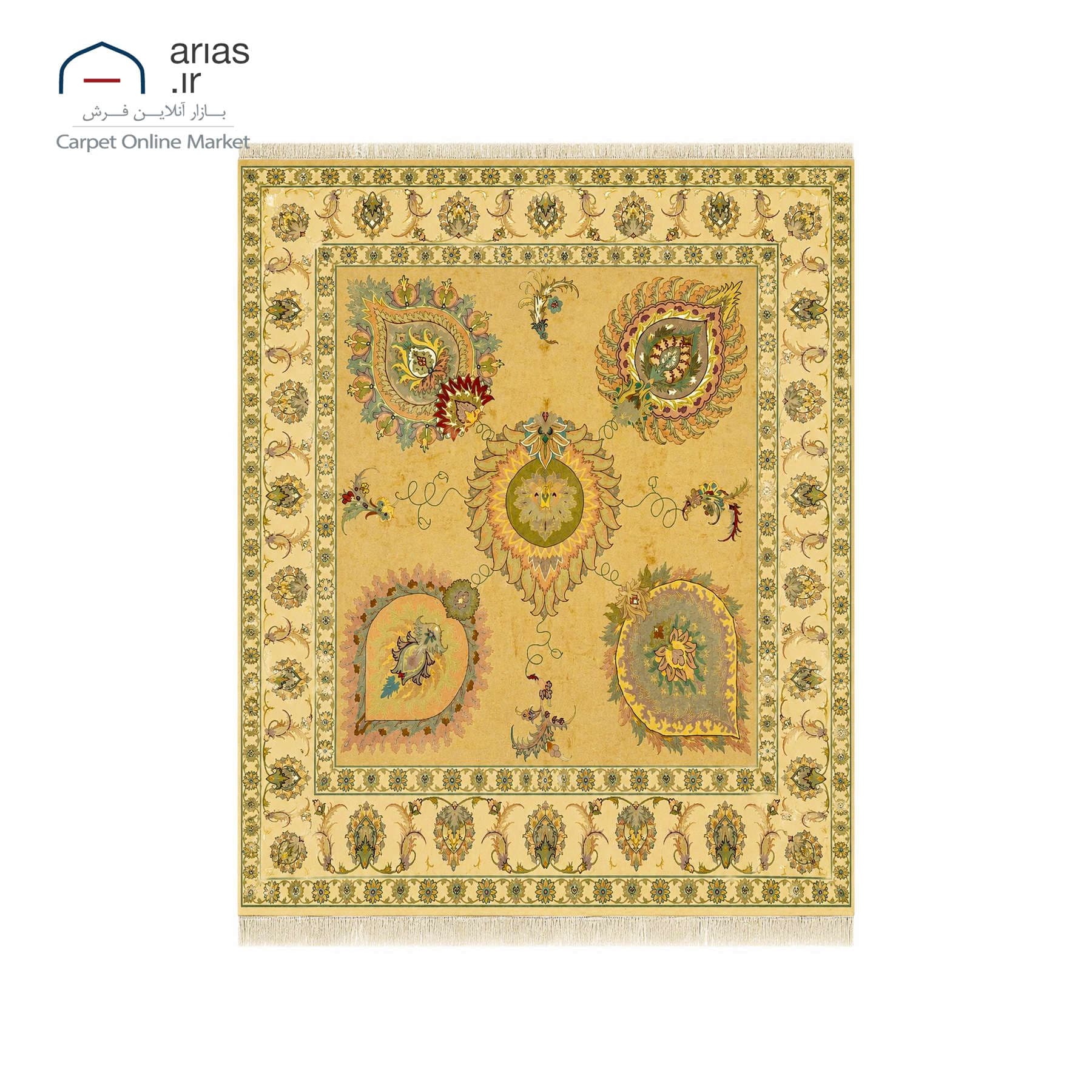 فرش دستباف افشان تبریز نقشه گل سینی زمینه بژ چله نخ بافت تبریز کد D25101T