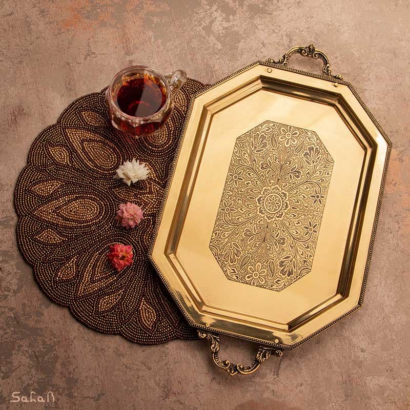 سینی مهمان برنجی انتیک دسته دار هشت ضلعی