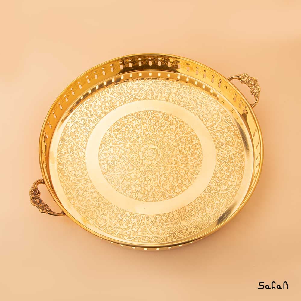 سینی برنجی طلایی هندی دسته دار سایز 2 — تصویر ۹