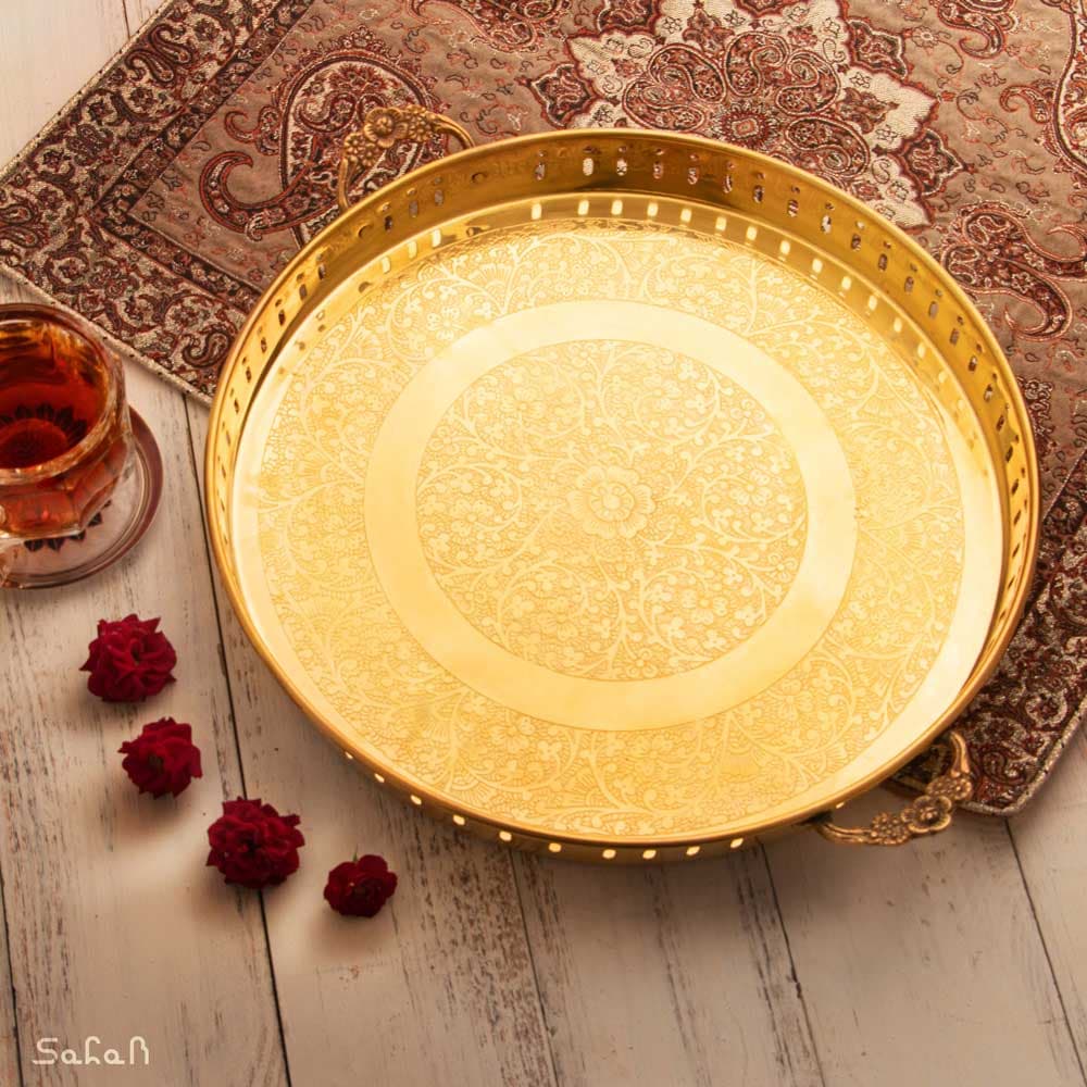 سینی برنجی طلایی هندی دسته دار سایز 2