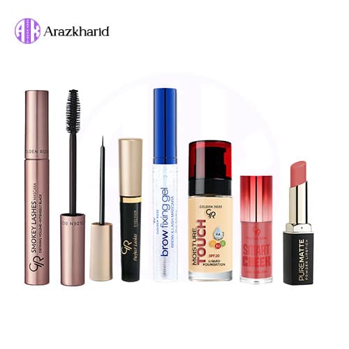 پک آرایشی خفن گلدن رز (کرم پودر آبرسان + ریمل اسموکی + خط چشم مویی پرفکت + ژل ابرو + رژلب جامد پیور مات + رژگونه مایع) در رنگبندی مختلف