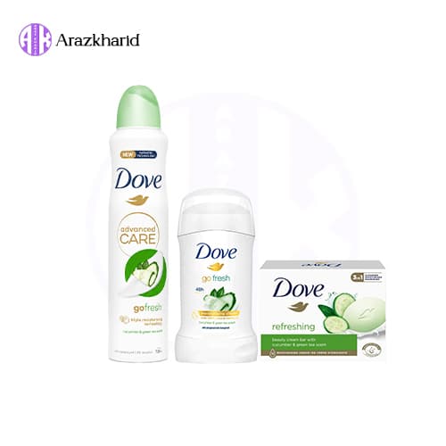 پک ضد تعریق زنانه داو با رایحه خیار و چای سبز ساخت انگلیس (اسپری 250 میل + مام 40 میل + صابون 90 گرم)