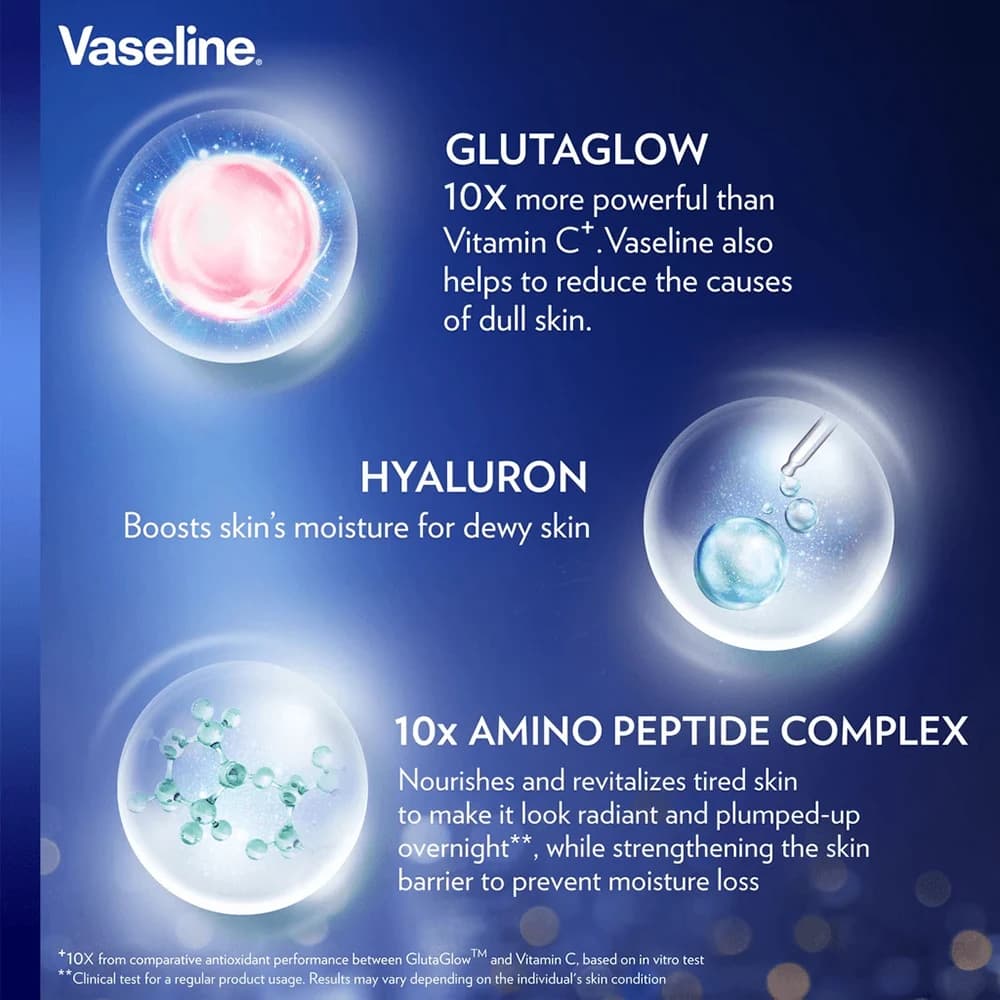 لوسیون بدن ترمیم کننده شب وازلین GLUTA-HYA مدل RADIANCE REPAIR حجم 330 میل — تصویر ۵