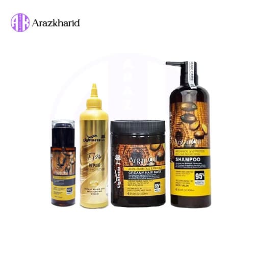 پک تقویت کننده و ترمیم کننده مو لایتنس مدل argan (شامپو 900 میل + ماسک مو 1000 میل + روغن آرگان 100 میل + کرم مو طلایی 300 میل )