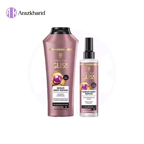 پک گلیس مدل serum deep repair (شامپو 400 میل +اسپری دوفاز 200 میل)