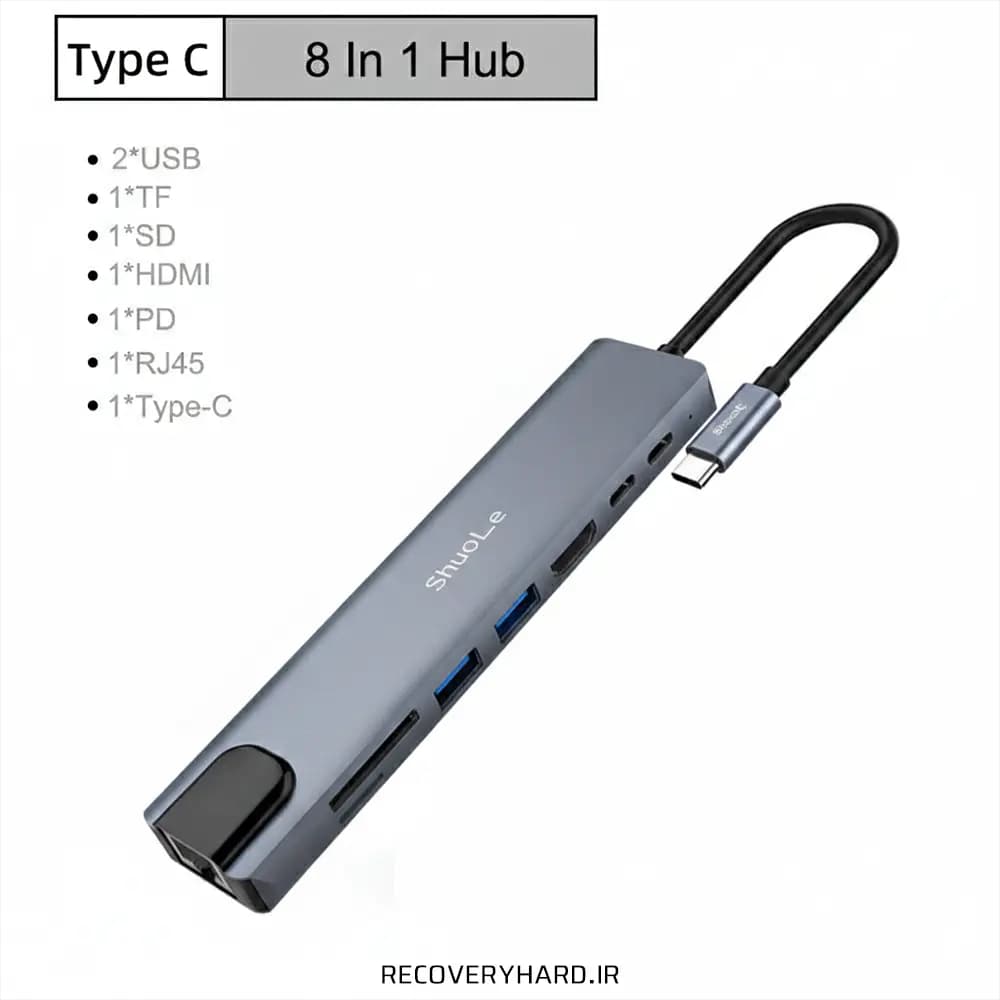 هاب ۸ پورت USB-C شوله مدل H801 — تصویر ۸