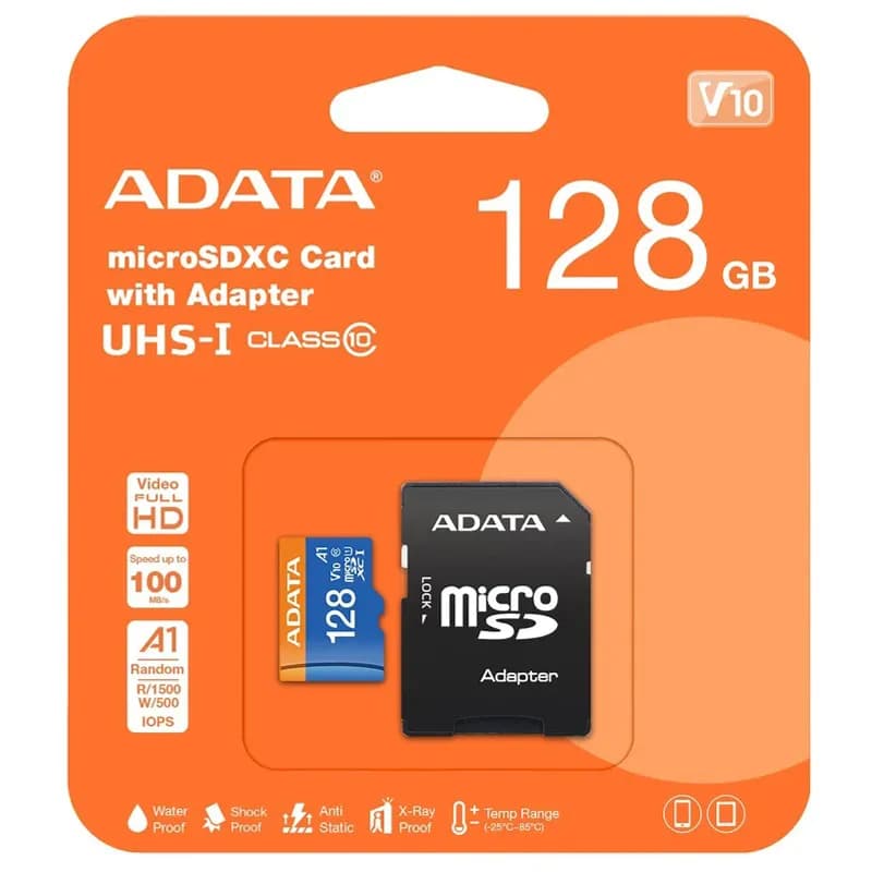 کارت حافظه microSDXC ای دیتا مدل Premier کلاس 10 استاندارد UHS-I V10 A1 سرعت 100MBps ظرفیت 128 گیگابایت به همراه آداپتور