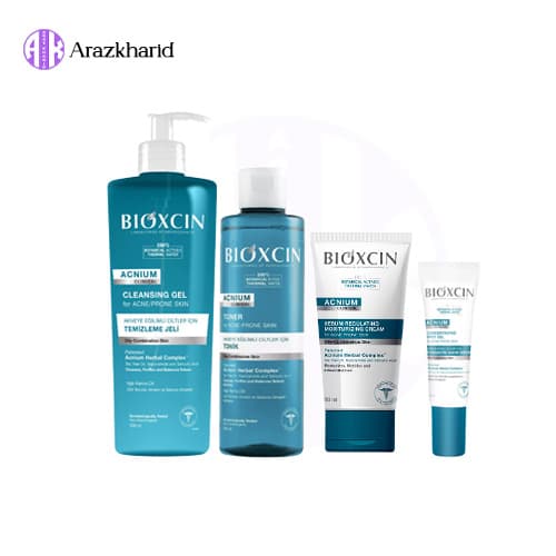 پک ضد جوش بیوکسین Bioxcin مدل Acnium (ژل شستشو + تونر + ضد جوش فوری + مرطوب کننده )