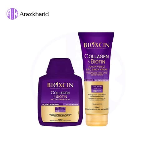 پک حجم دهنده مو بیوکسین BIOXCIN حاوی کلاژن و بیوتین (ماسک مو 250 میل+شامپو 300 میل)