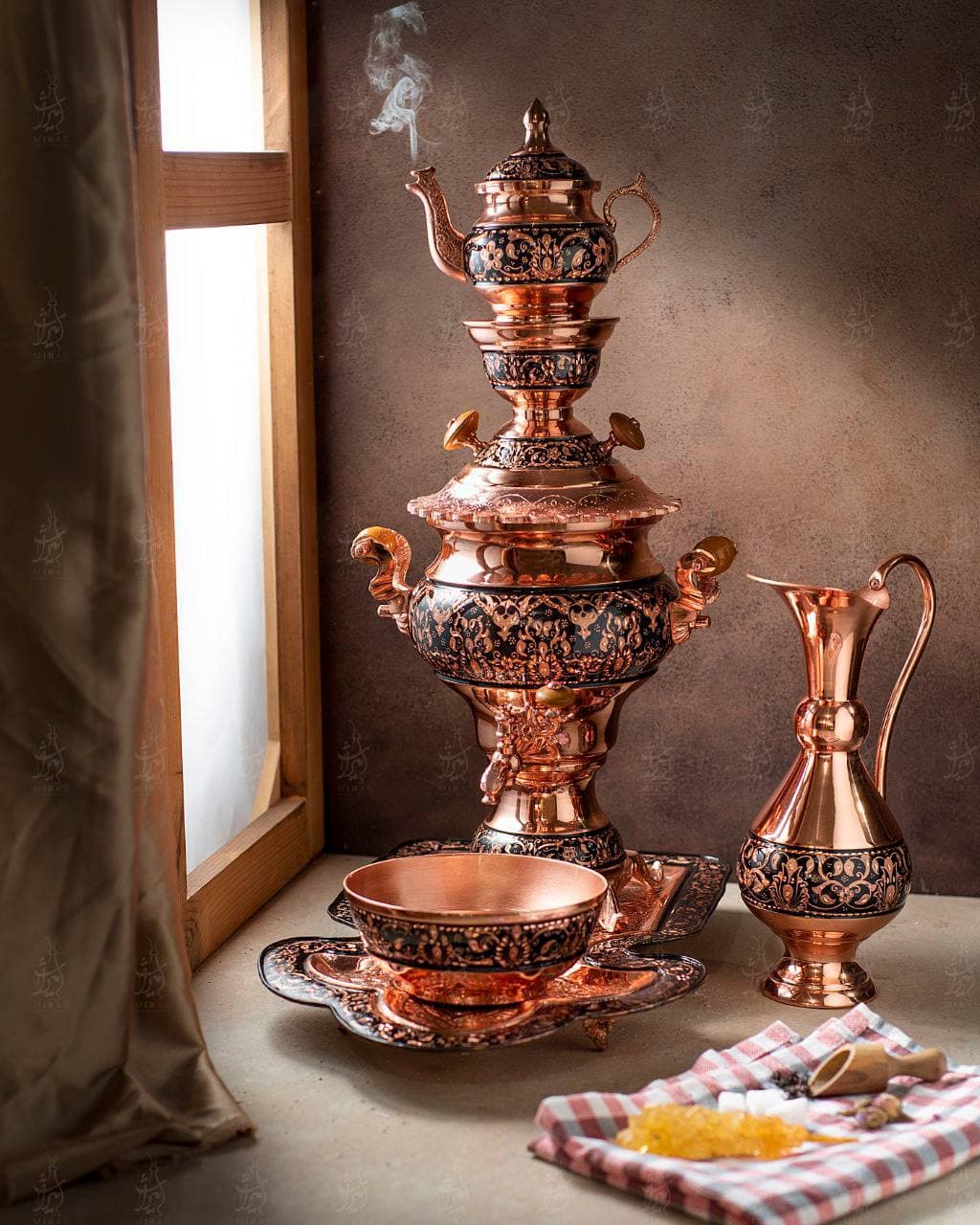 سرویس ۵ پارچه سماور چهار لیتری مس و حکاکی