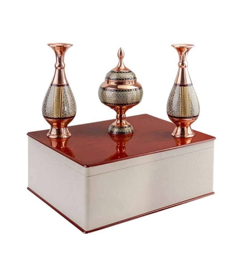 ست گلدان 25 cm مس و خاتم و شکلات خوری. متوسط همراه جعبه چوبی