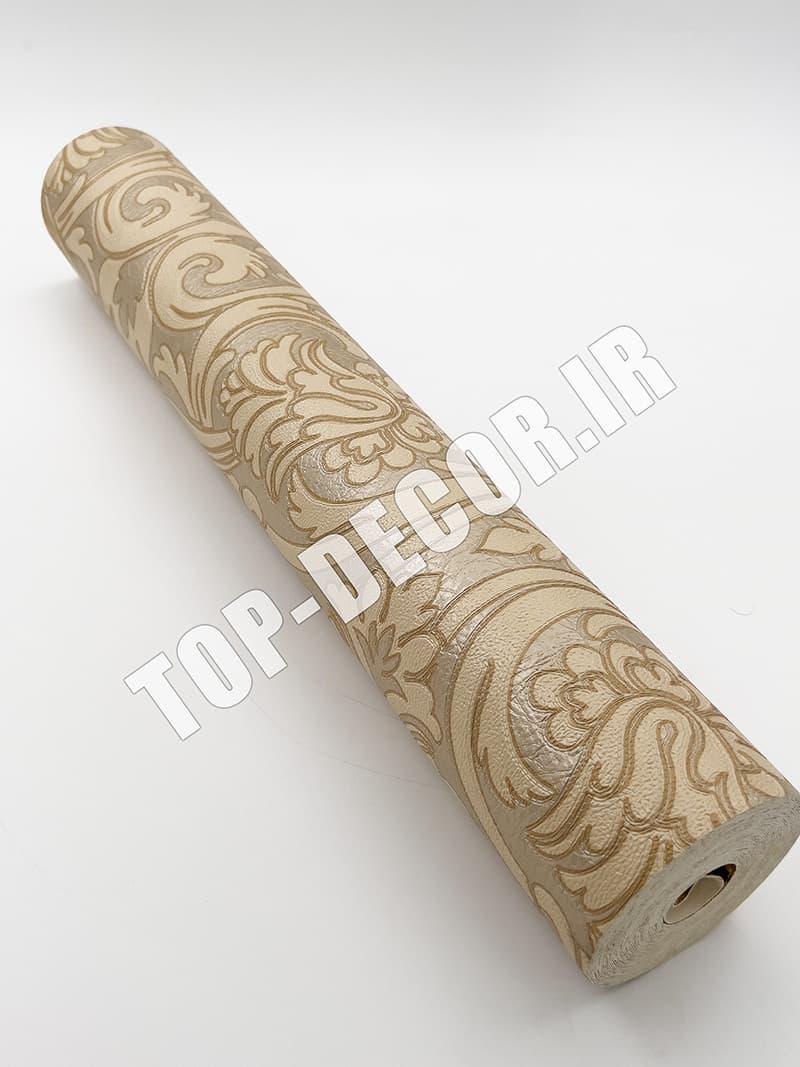 کاغذ دیواری قابل شستشو PVC طرح کلاسیک کرم-طلایی برجسته — تصویر ۷