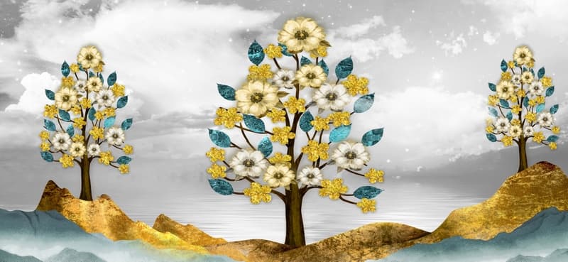 پوستر دیواری طرح درختان قهوه ای و گل های طلایی — تصویر ۲