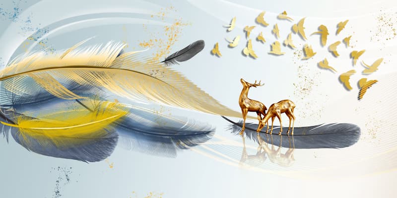 پوستر دیواری طرح پر طوسی طلایی و گوزن طلایی — تصویر ۴