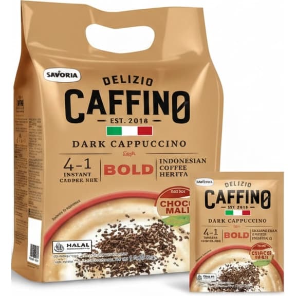 قهوه فوری کاپوچینو دارک دلیسیو کافینو طلایی با شیر واقعی و تاپینگ شکلات-مالت 20 عددی Delizio Caffino cappuccino Dark — تصویر ۲