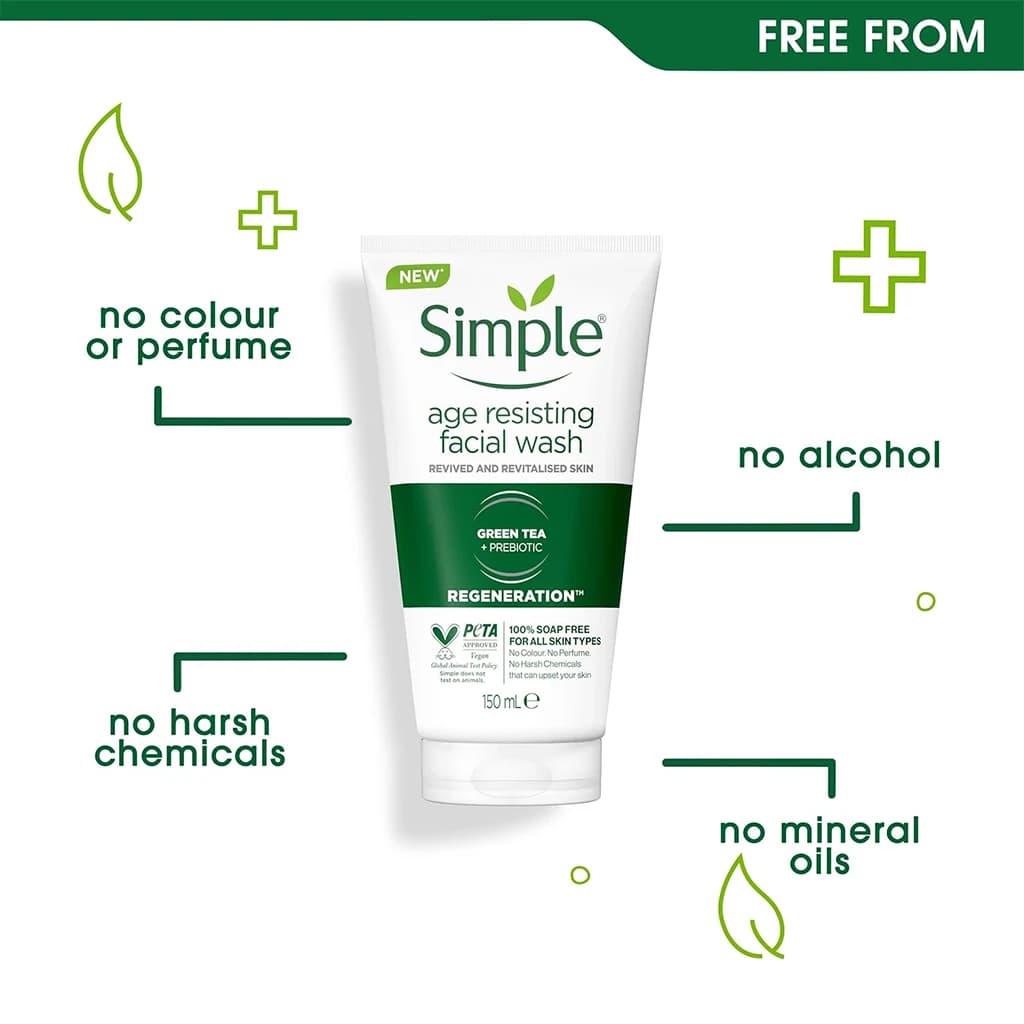 ژل شستشوی صورت سیمپل مدل چای سبز و پری‌بیوتیک | Simple Green Tea + Prebiotics Facial Wash — تصویر ۴