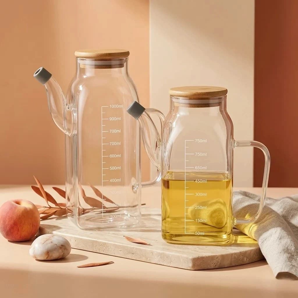 ظرف روغن ریز پیرکس کف مربع در بامبو دو سایز موجود وارداتی