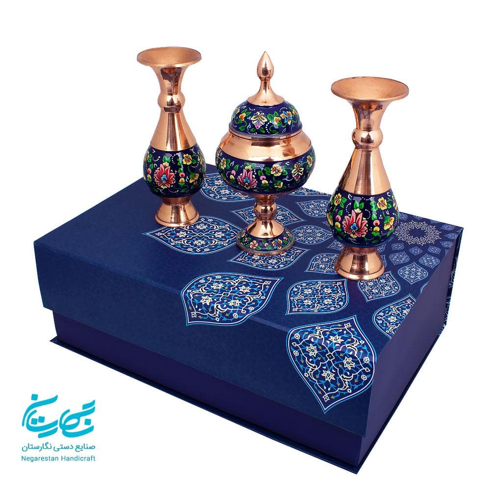 ست گلدان و شکلات خوری مس و پرداز 16 سانتی با جعبه هاردباکس
