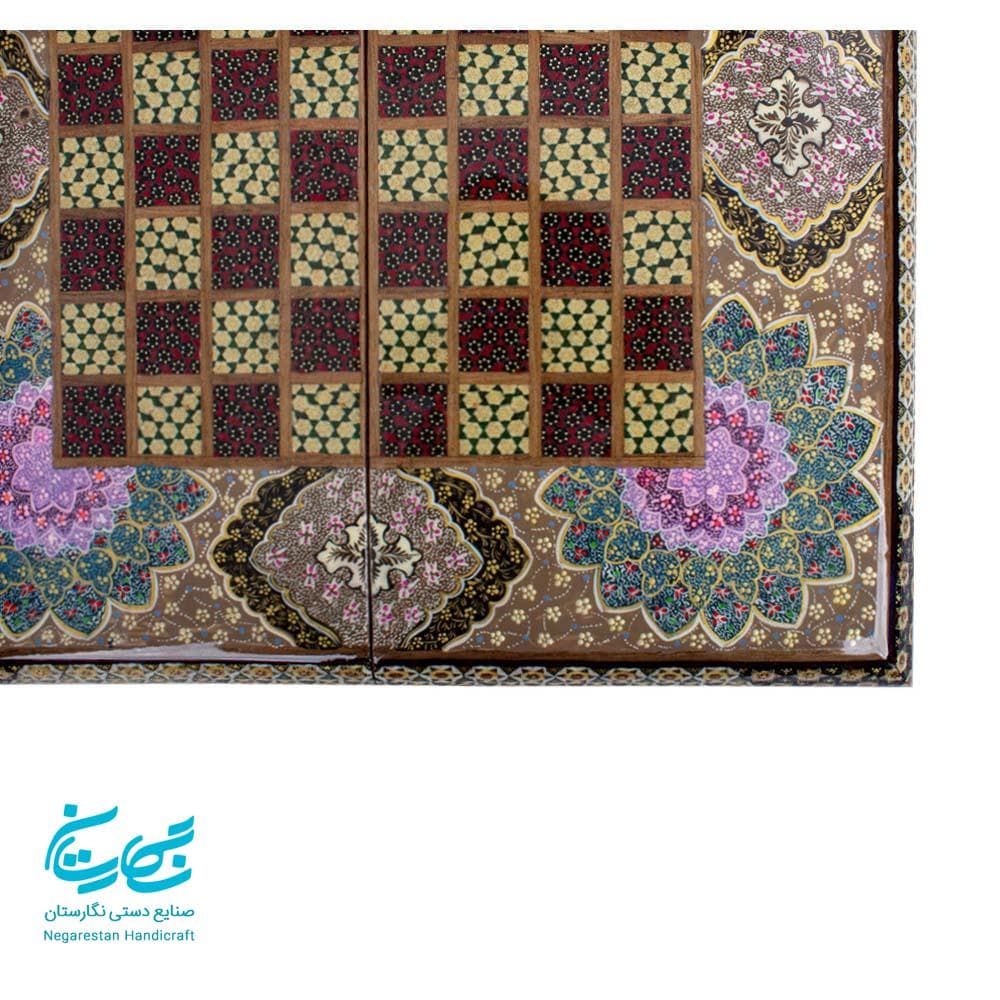 تخته نرد و شطرنج خاتم کاری 40 سانتی با نقاشی تذهیب — تصویر ۷