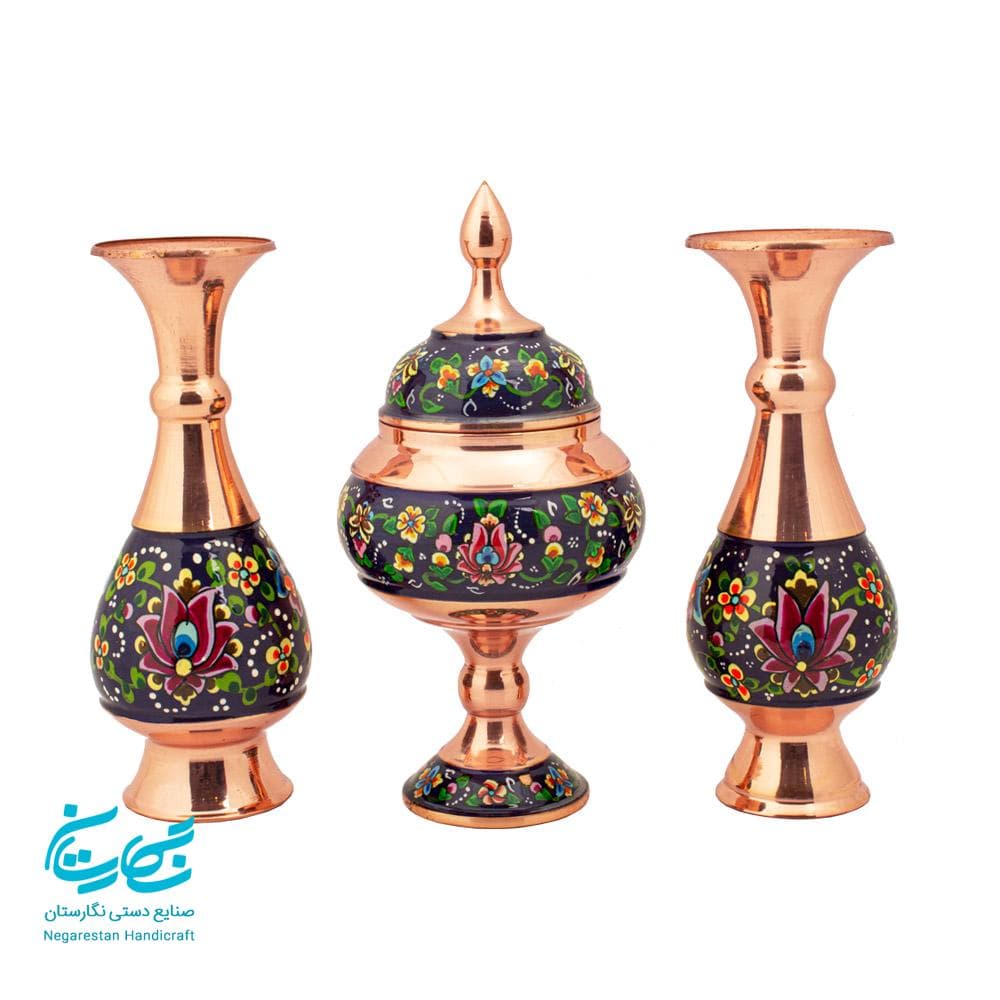 ست گلدان و شکلات خوری مس و پرداز 16 سانتی