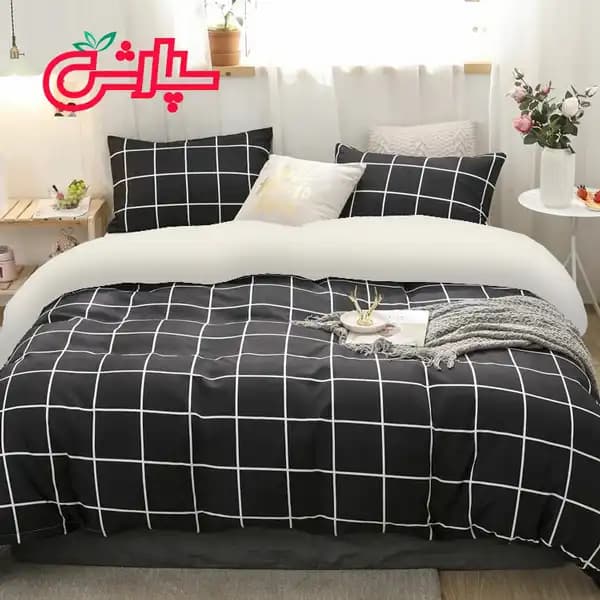 لحاف روتختی چهارخانه مشکی سفید – کتان (339)