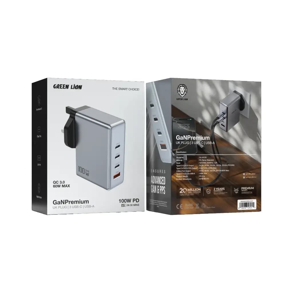 شارژر گرین لاین مدل Green Lion GNGAN100WUKGY GaN Premium Wall Charger 100W — تصویر ۳