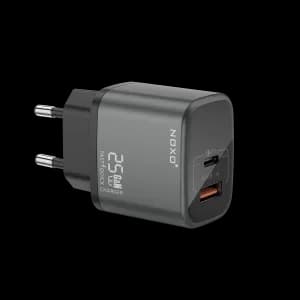 شارژر دیواری ۲۵ وات نوکسو مدل CHN-P-1 با ۲ پورت USB-C و USB-A، پشتیبانی از PD و QC3.0، فناوری GaN