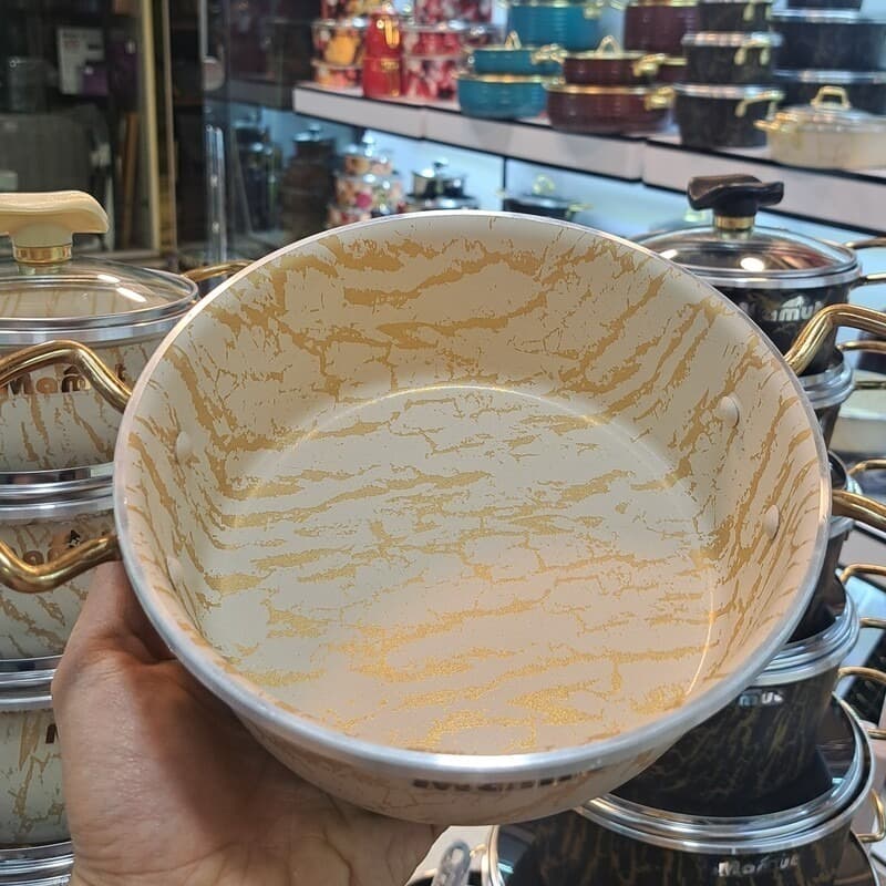 سرویس قابلمه ۲۱ پارچه گرانیتی ماموت مدل ماربل طرح سنگی با دسته PVD طلایی + ست کفگیر و ملاقه — تصویر ۷