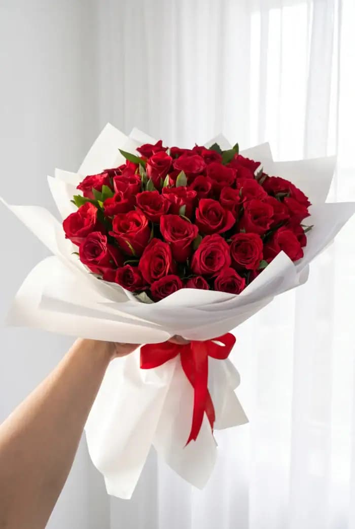 دسته گل رز قرمز 20 شاخه کد 10052 – بلورا — تصویر ۵