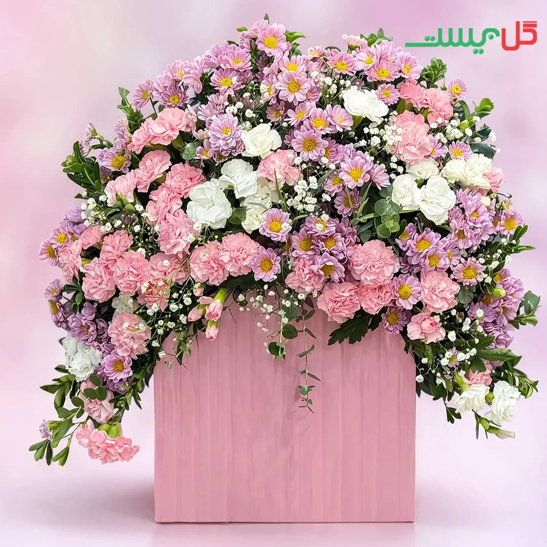 باکس گل آویسا | طیف صورتی یاسی در باکس بلند | گل فروشی آنلاین گل بیست