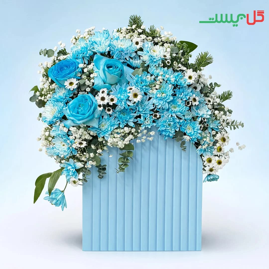 باکس گل دریاک | رز آبی در باکس مستطیلی فیروزه‌ای | گل فروشی آنلاین گل بیست
