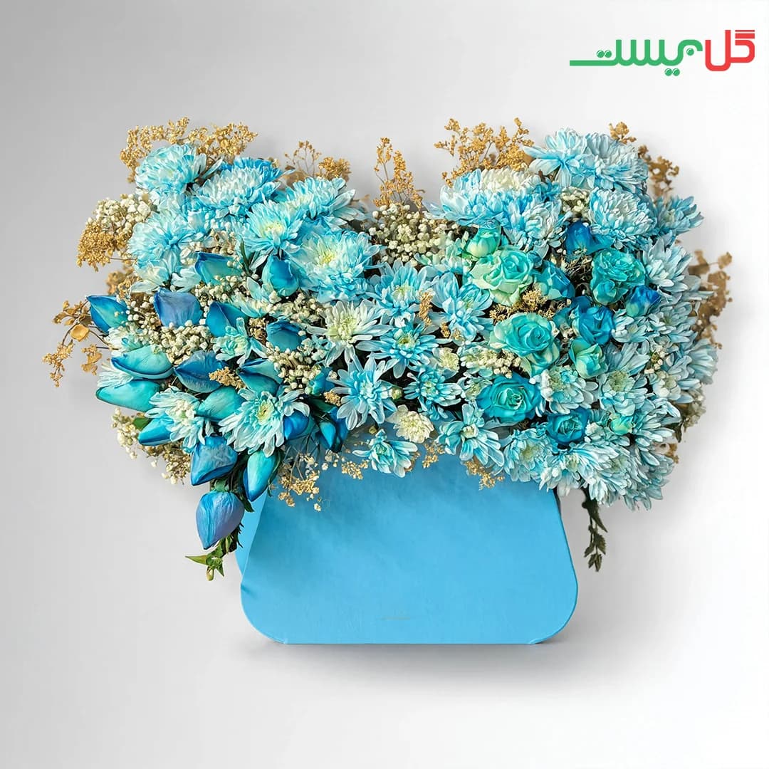 باکس گل روناک | داوودی آبی با ریزگل‌های طلایی | گل فروشی آنلاین گل بیست