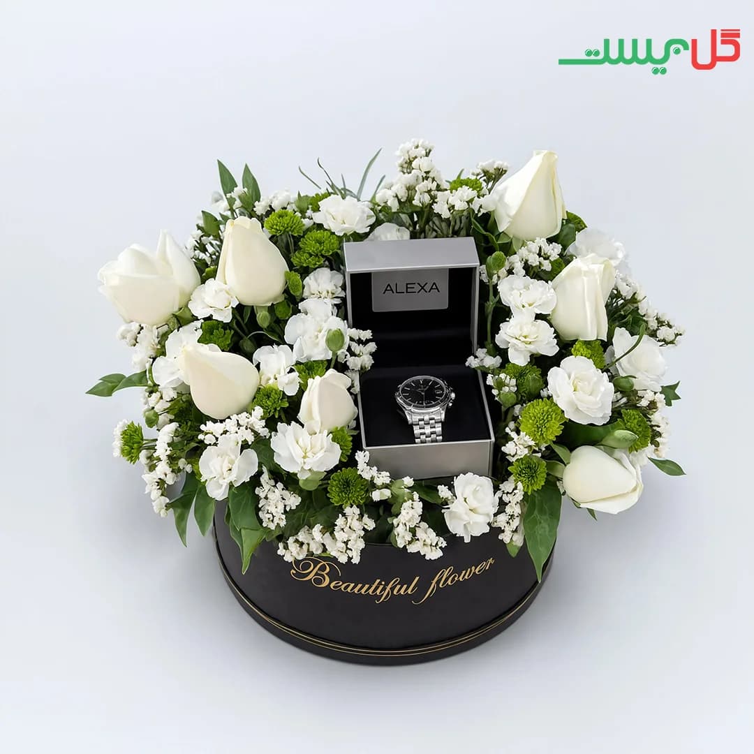 باکس گل هوروش | گل سفید در باکس مشکی همراه ساعت | گل فروشی آنلاین گل بیست — تصویر ۳