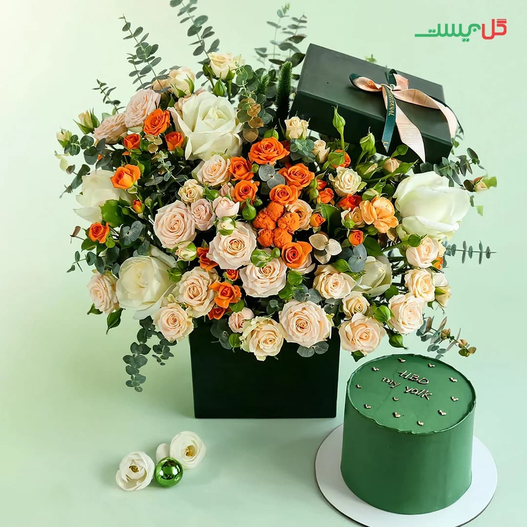 باکس گل آریانا | رز نارنجی و کیک | گل فروشی آنلاین گل بیست — تصویر ۲