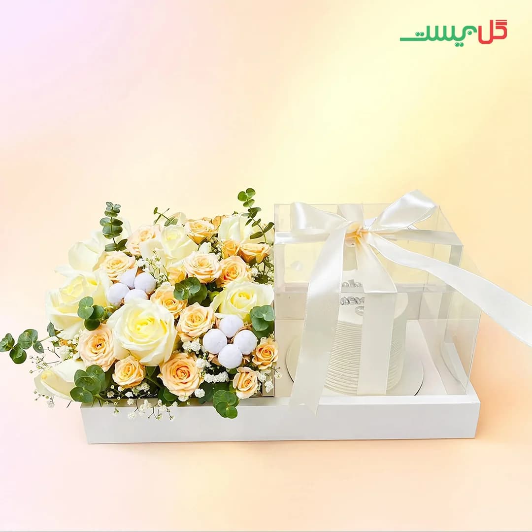 باکس گل آرزینا | همراه کیک سفید | گل فروشی آنلاین گل بیست